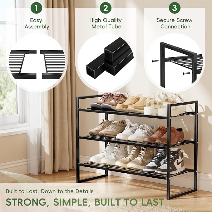 3 Tier Shoe Rack for Closet, 27 Inch Long Square Shoe Storage Organizer for Shelves, Heavy Duty Metal, Easy Assembly Stackable, Black