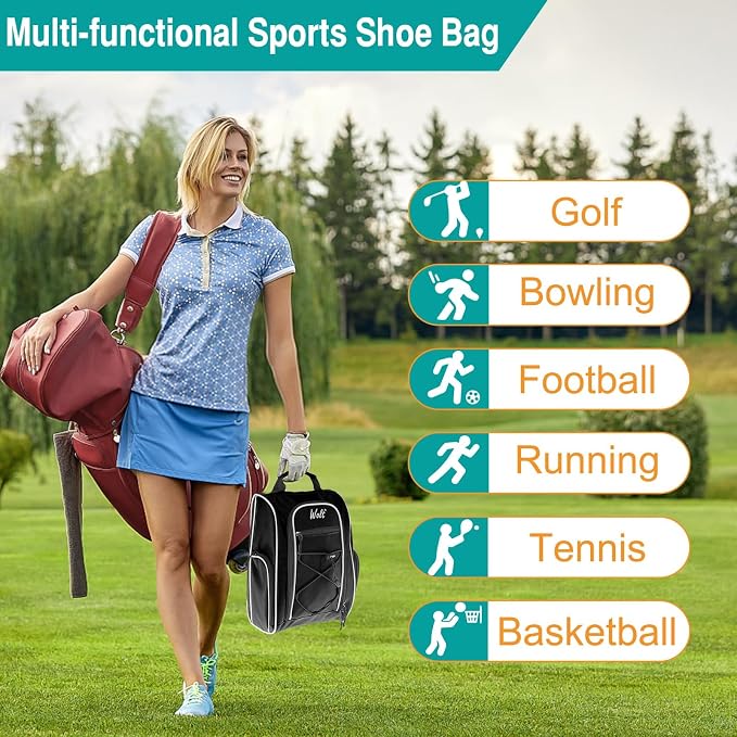 Wolt |Golf Shoe Bag for Travel- Zippered Shoes Carrier Bags with Ventilation & Double Outside Accessory Pocket for Socks, Tees, Golf Balls, Etc. for Women and Men (Black)
