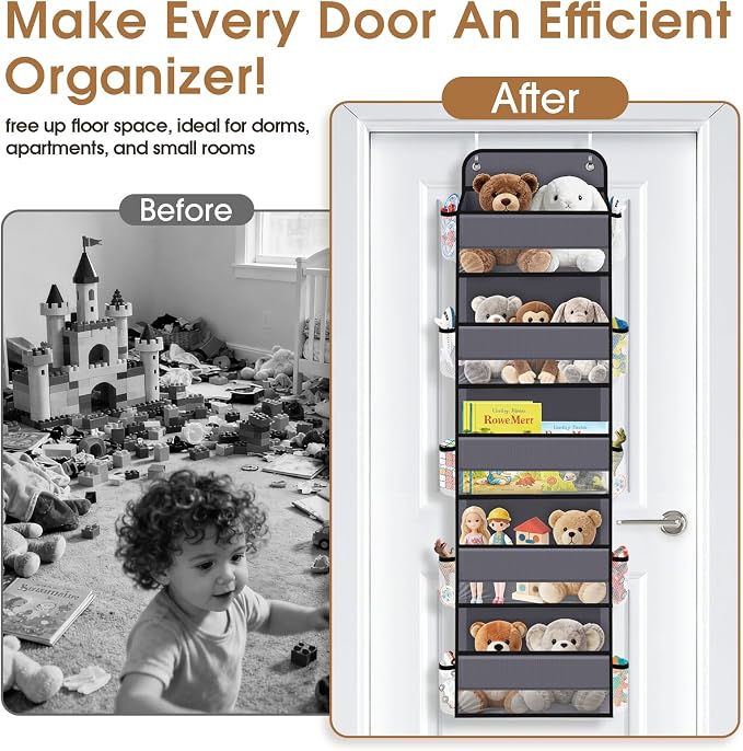 WISELIFE Over the Door Organizer Storage with 5 Large Pockets and Clear Windows, Hanging Organizer for Nursery Bedroom Bathroom Pantry Closet and Baby Essentials, Dark Grey