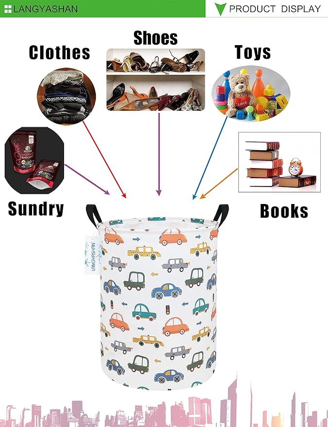 LANGYASHAN Laundry Basket Canvas Fabric Collapsible Organizer Basket for Storage Bin Toy Bins Gift Baskets Bedroom Clothes Children Nursery Hamper (Round Color Cars)