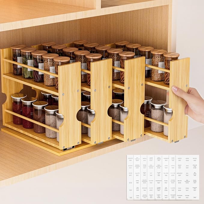 Jolitac Bamboo Pull Out Spice Rack for Cabinet, Slide Out Drawers | Space-Saving, Vertical Organization, Easy to Install, 2.3" Wide, 4 Drawers(1.85" Wide), 2-Tier