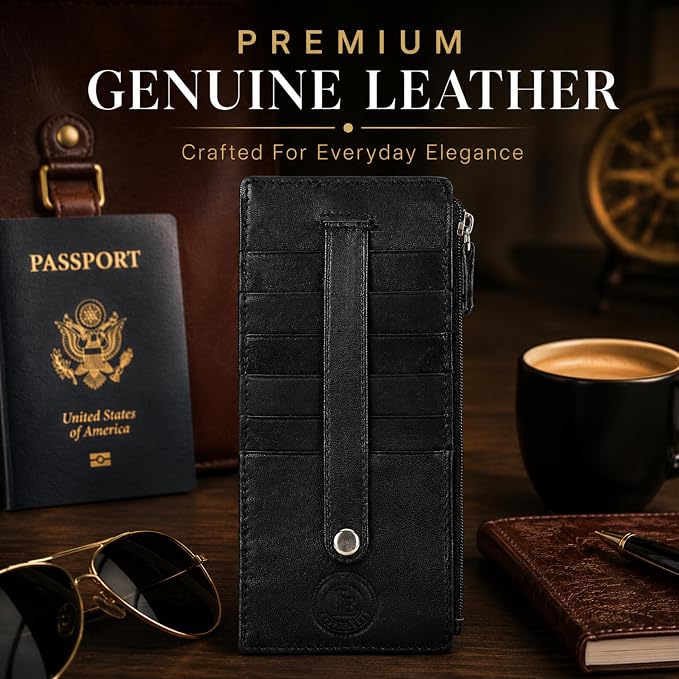 Leatherboss Genuine Leather Women's All in One Credit Business Card Case Holder Slim Zipper Wallet With a Card Protection Strap, Black