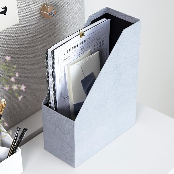 Bigso Box of Sweden Estelle Canvas Fiberboard Upright Magazine Storage Box | Magazine Holder & Organizer for Papers & Catalogs w/Leather Handle for Office Desks | 12.6in x 4.5in x 9.8in | Ash