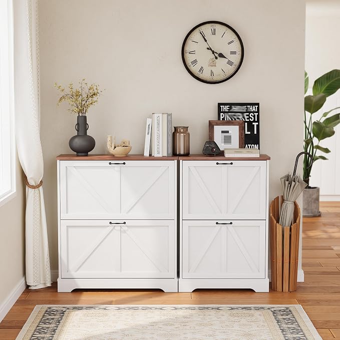 Semiocthome Farmhouse Shoe Storage Cabinet with 2 Flip Drawers, 23.6"(W) Freestanding Shoe Organizer with Barn Door and Metal Handles for Entryway, Rustic Narrow Slim Shoe Rack Cabinet - White