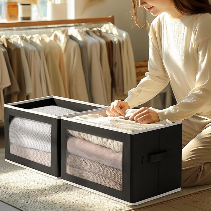 Homsorout Large Storage Baskets Bins with Lids - Stackable Cube Bins for Closet, 3 Pack Black Windows Organizer Bins, Home Organizers and Storage for Clothes, CD, Towels