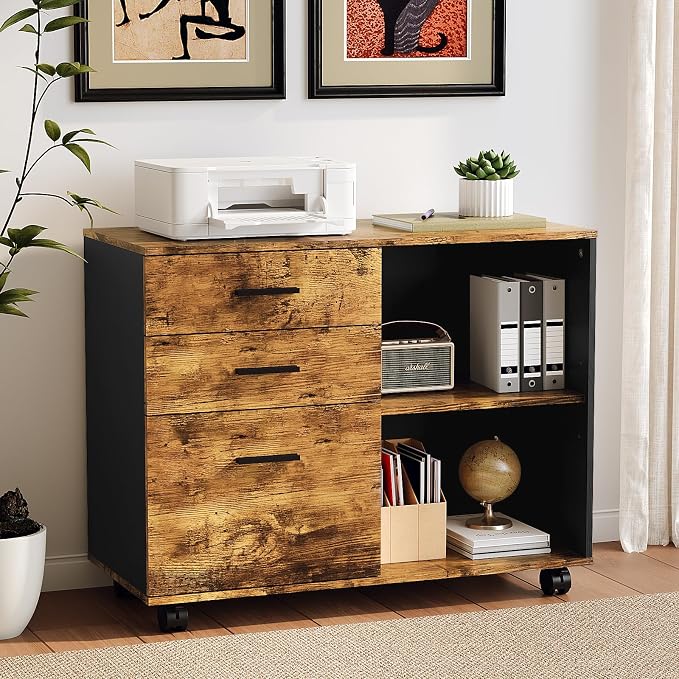 VINGLI 3 Drawer Wood Lateral File Cabinet with Adjustable Shelves & Locking Wheels, Printer Stand with Drawers for Letter, Sturdy Black File Cabinets for Home Office, Study & Business, Rustic Brown