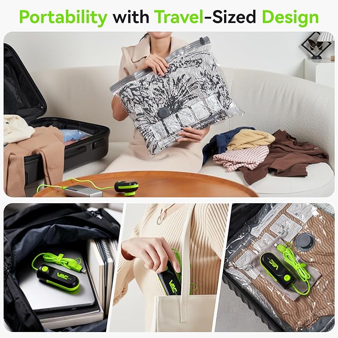 Vacuum Bags for Travel with USB & TYPE C Pump, Vacuum Seal Travel Bags, 15 Pack Carry-On Vacuum Storage Bags for Luggage & Suitcase, Space Saver for Clothes & Travel(Green)