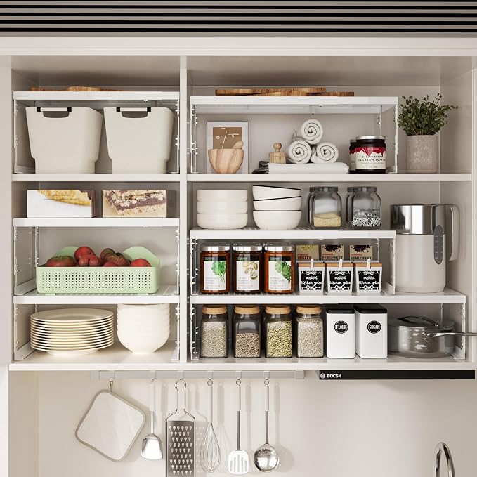 Jojocross Adjustable Stackable Metal Storage Shelf Organizer - Expandable Wire Rack with Perforations for Kitchen, Pantry, Bathroom, Cabinet & Office-Compact, Durable & Sturdy (3PACKS/Medium/White)