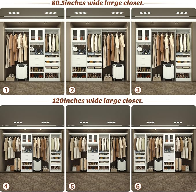 6.7FT-10FT Closet System Set with Half-Open Drawers, 80.5''-120" Wooden Modular Wardrobe Set with Shelving Towers, 80'' Height Closet Organizer with Hanging Rods and 2 Big Wing Shelves, White
