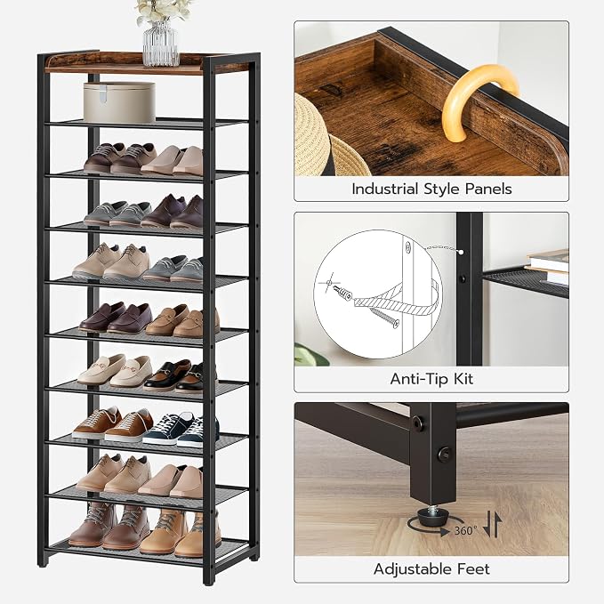 HOOBRO 10 Tier Shoe Rack, Large Capacity Shoe Storage for 18-20 Pairs, Sturdy Metal Shoe Shelf for Closet Entryway, Space Saving Shoe Organizer for Sneakers Heels, Rustic Brown BF40XJ01