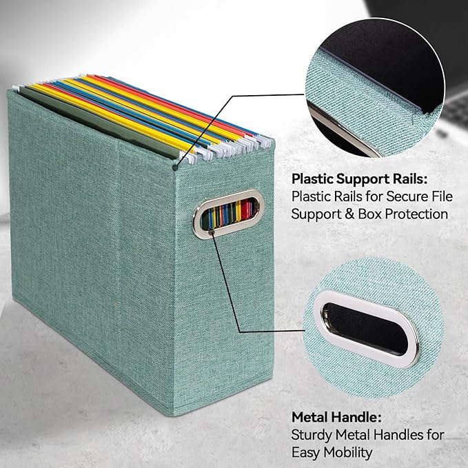 6 Packs Letter Size File Organizer, File Folders Organizer, Fabric Storage Box, Collapsible Paper Organizer with Metal Handle, Smooth PVC Rails, Only Box (Green)