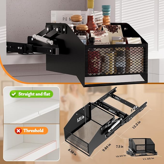 HOUSE AGAIN Pull-Down Cabinet Organizer for High/Deep Cabinets, Drop Down Spice Rack, 12.6" Out & 1.8" Down, Dual Install (Screw/3M Tape), Fits Frameless, for Spices, Snacks and Small Bottles (Black)