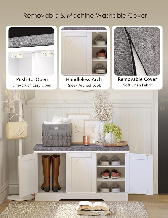 DINZI LVJ Shoe Bench, Entryway Storage Bench with Doors, Cushion, 3-Tier Shoe Rack with 9-Cubby, 39.4" L x 13.8" W Shoe Organizer Cabinet, Fully Adjustable Shelves, Living Room, Bedroom, White