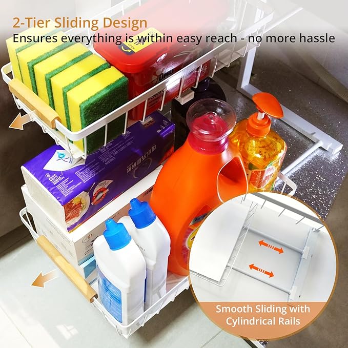 Under Sink Organizer 2 Pack, 2 Tier Pull Out Cabinet Organizers and Storage for Kitchen Bathroom Pantry Laundry, Adjustable Height, Slide Out Thickened Metal Storage Shelf (Black, 2 Pack)