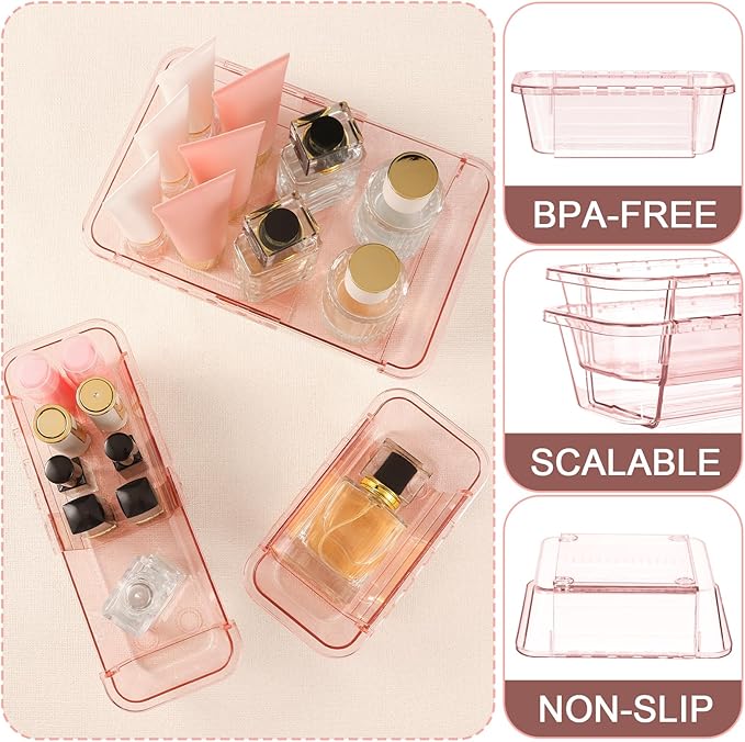 8 Pcs Mixed Extendable Clear Drawer Organizer, All Adjustable Vanity Storage Box, 2-Size Desk Drawer Organizer, Acrylic Storage Bins for Makeup, Bedroom Dressers Tool Organizer for Gadgets, Pink