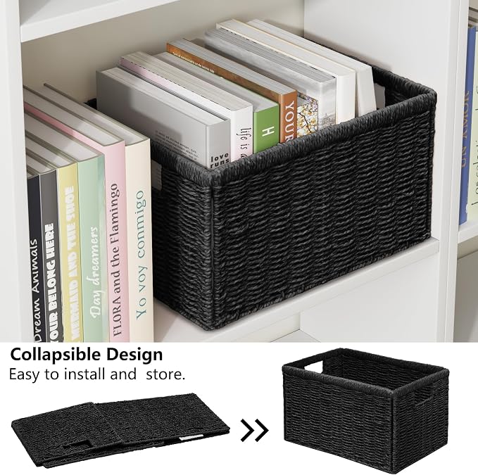 Vagusicc 2 Packs Large Wicker Storage Basket, Closet Storage Baskets Bins for Shelves, Decorative Collapsible Baskets for Organizing Clothes Toy Nursery Bathroom Organizers and Storage, Black
