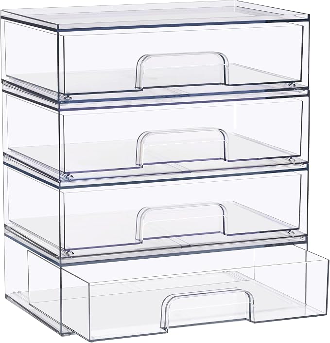 Sorbus Wide Stackable Acrylic Storage Drawers, 4 Pack Clear Plastic Organizer Bins for Baby Bottles, Makeup, Bathroom, Vanity &Countertop Organization, Pull-Out Drawer Design for Cabinets & Pantry