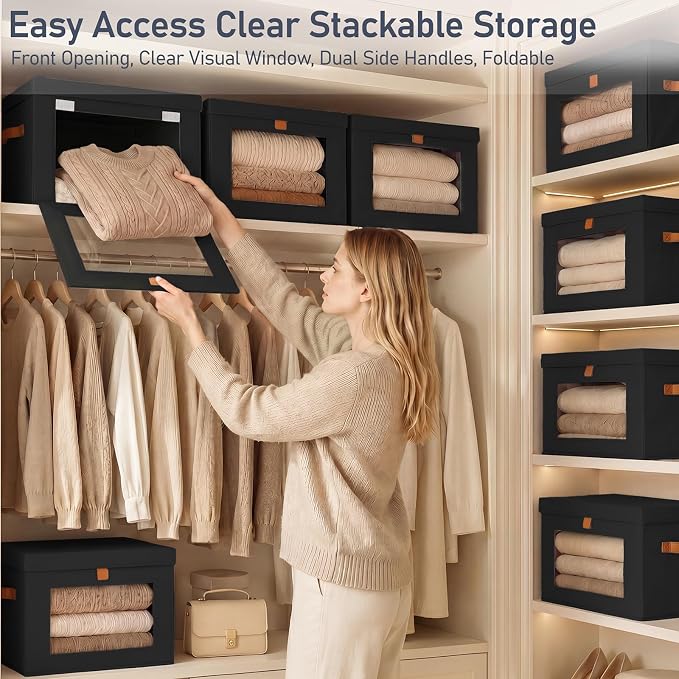 DIMJ Storage Bins with Lids - 6 Pack Front Opening Stackable Fabric Storage Boxes with Clear Window & Handles, Collapsible Closet Organizers for Clothes, Sweaters, Shelf Storage, Bedroom, Black