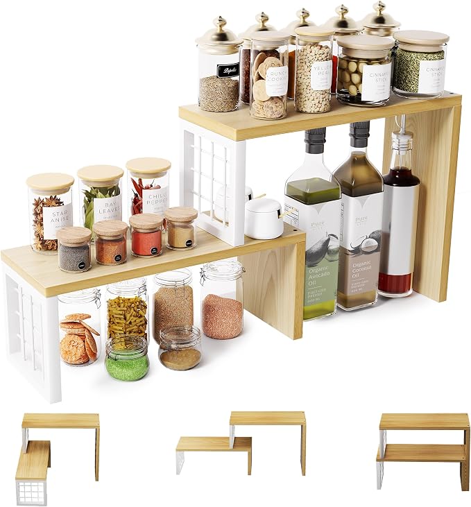 Kitchen Countertop Organizer, 2 Tier Corner Counter Shelf, Beige | Adjustable Cabinet Organizer Shelf, Spice Rack, for Kitchen, Coffee Station, Stackable, Expandable, Fits Corners