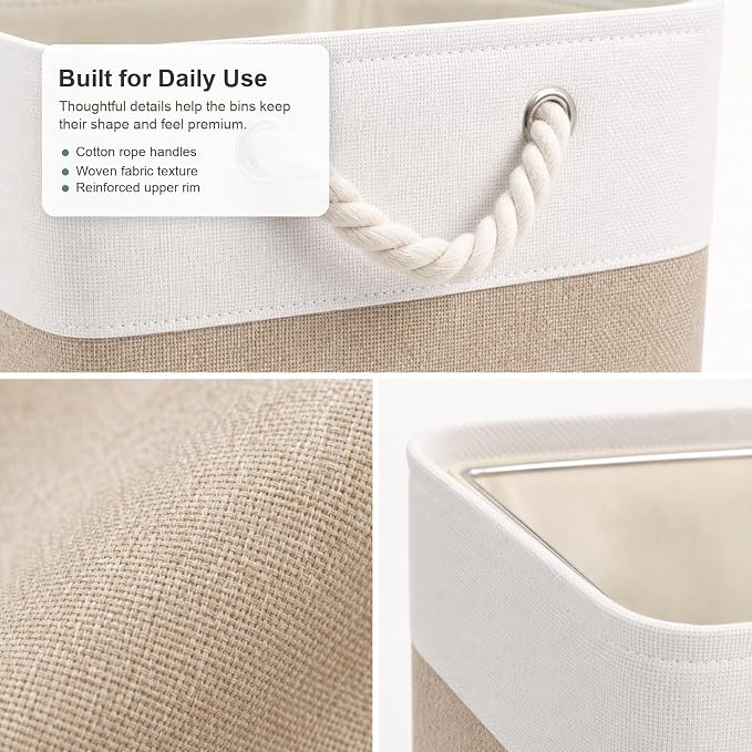 11x11 Inch Cube Storage Bins, 8 Pack Collapsible Fabric Storage Cubes with Rope Handles, Waterproof Foldable Storage Baskets for Cube Shelves, Closet, Clothes, Toys, Books, White & Beige