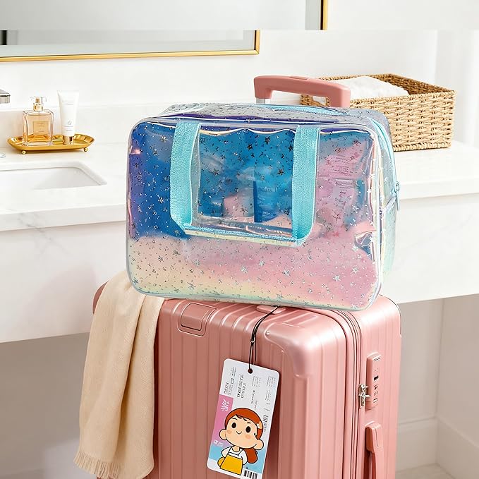 Holographic Blue Clear Star Large Cosmetic Bag and TPU Travel Pouch with Handle,Durable Material,Zipper Design-Ideal for Makeup,Travel Essentials (Holographic Blue+Stars)