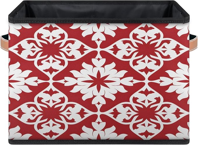 Mexican Tile Closet Storage Bin, Foldable Storage Baskets for Shelves, Decorative Shelf Organizer Red Mexico Tile Fabric Cube Bin for Living Room Bedroom Home Dorm