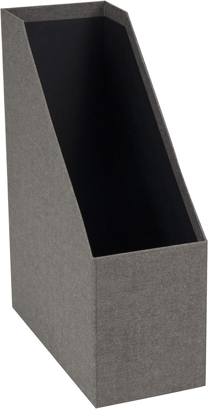 Bigso Box of Sweden Estelle Canvas Fiberboard Upright Magazine Storage Box Organizer for Papers & Catalogs w/Leather Handle | Magazine File Holder for Office Desks | 12.6" x 4.5" x 9.8" | Gray