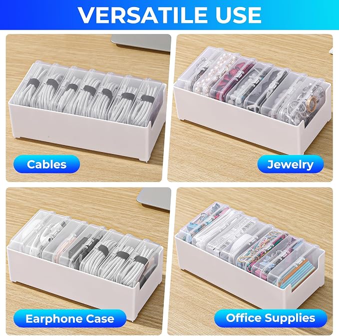Cable Organizer Storage Box 7 Case Cable Box with Cable Straps and Label Stickers, Travel Cord Organizer for Charging Cables, USB Wires, Earphones – Drawer Organization for Home & Office