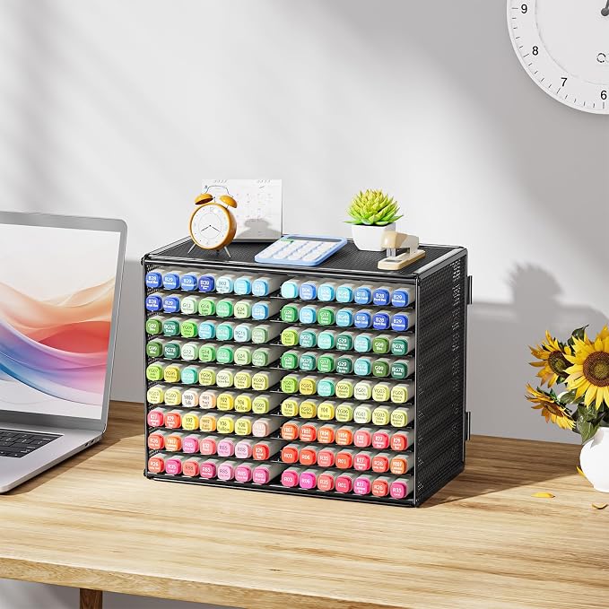 Marbrasse Mesh Marker Organizer, 9-Tier Rack Holds 126 Markers, Black | Marker Holder, Space-saving Vertical Design, Desktop Storage for Office Classroom & Home Art Supplies