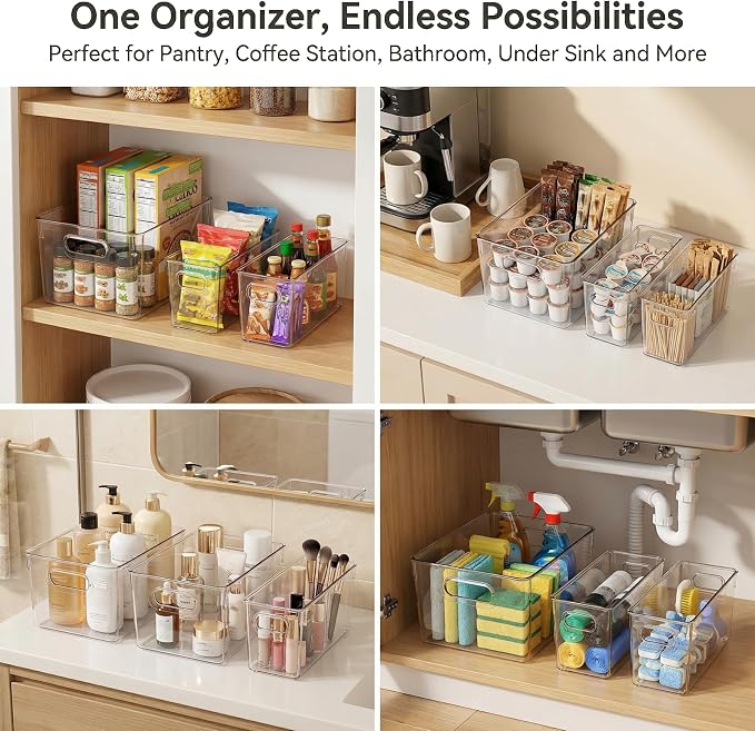 MOONEDGE 10 Pack Clear Plastic Storage Organizer Bins, 4 Large & 6 Narrow | Under-Sink Storage Containers, Kitchen, Pantry, Bathroom, Cabinet Organization, Clear Bins for Organizing, Deep Narrow Bins