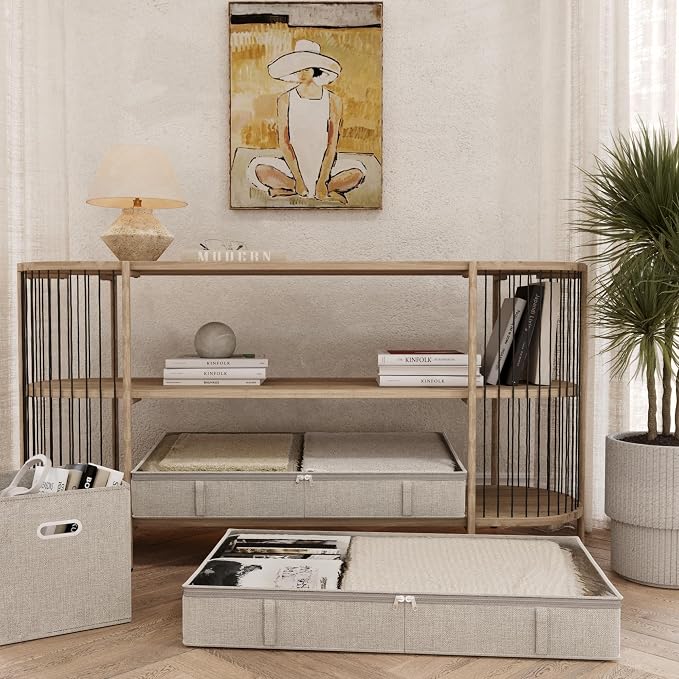 Gray Low Profile Under Bed Storage Containers 5 inches high, 33.8"x 17.7"x 5.1", Sturdy Underbed Shoe Storage Organizer, White Foldable Fabric Under the Bed Storage Bins - Pack of 2