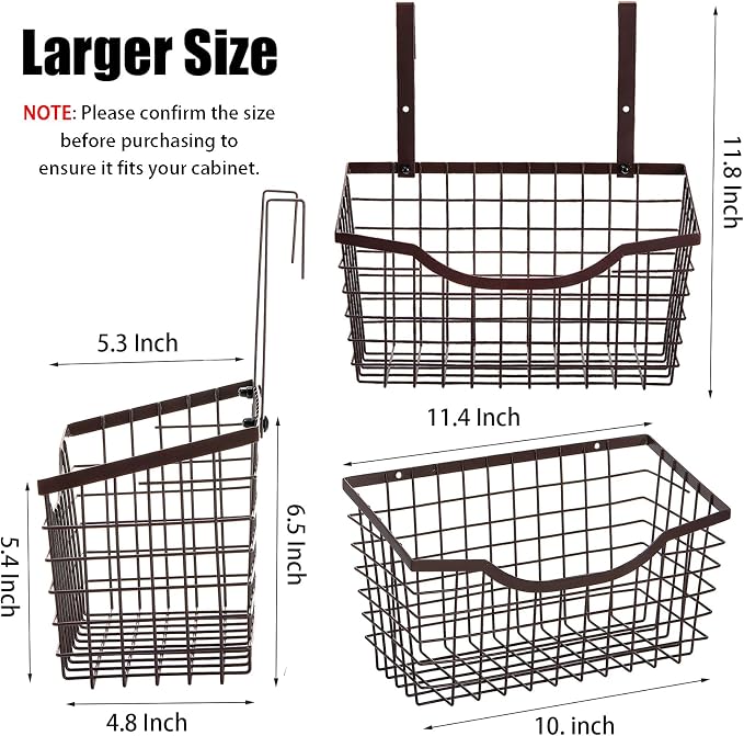Nicunom 2 Pack Cabinet & Wall Mount Basket, Large Metal Wire Basket Wall Mount Hanging Basket Over Cabinet Door Organizer Bin Grid Storage Baskets for Home Kitchen Bathroom Pantry, Bronze