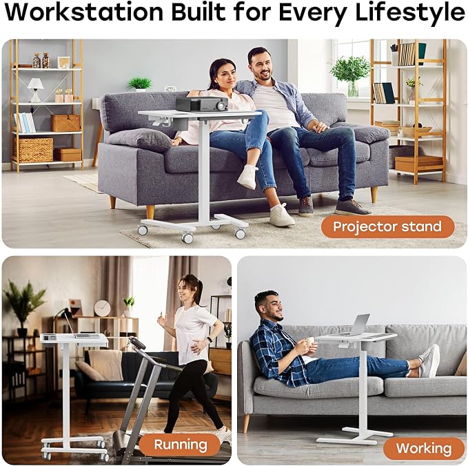Small Mobile Standing Desk with Drawer, 23.6" x 19.7" Top | Height Adjustable Rolling Teacher Desk with Cup Holder and Hooks, Portable Workstation on Wheels for Classroom & Study, White