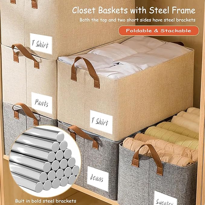AARAINBOW Linen Closet Organizer Storage Bin with Steel Frame, Stackable Fabric Jeans Baskets for Shelves, 4 Packs Foldable Wardrobe Clothes Box for Sweater Pants Clothing Towel Shirt Felt, 23L Beige