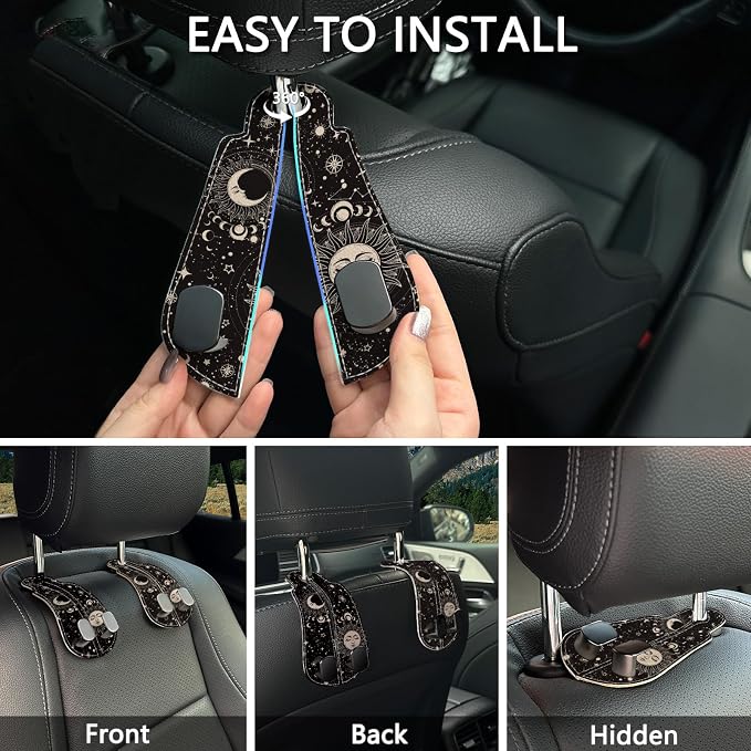 Blusabaca 2PCS Car Seat Headrest Hooks, Purses Bags Holder, Sun and Moon | PU Leather, Double Metal Back Storage Hangers for Grocery Bags Handbags Bottles Coats Phones, Car Accessories Organization