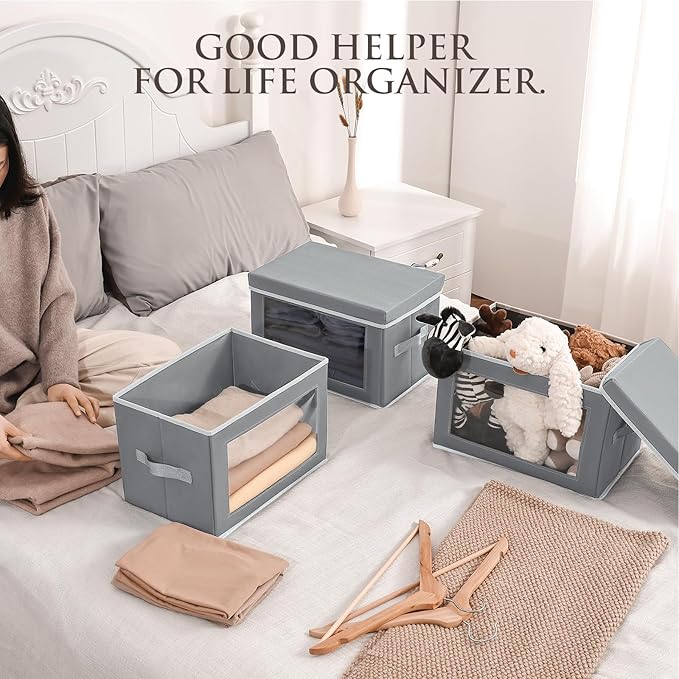 Homsorout Stackable Storage Bins with Lids - Medium Storage Box with Lids, Foldable Closet Boxes for Organizing, Wardrobe Clothes Organizer with Window, Cubes Bins for Living Room, 5 Pack, Grey