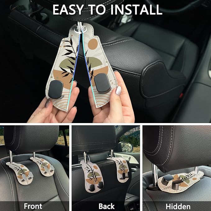 Blusabaca 2PCS Car Seat Headrest Hooks, Purses Bags Holder, Boho Leaves | PU Leather, Double Metal Back Storage Hangers for Grocery Bags Handbags Bottles Coats Phones, Car Accessories Organization