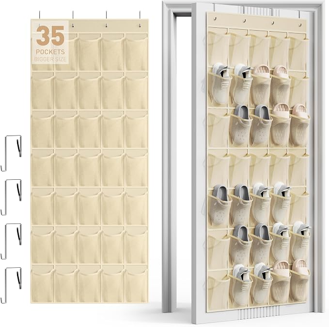WVM Over the Door Shoe Organizer with 35 Breathable Mesh Pockets, Hanging Shoe Organizer for Door with 4 Metal Hooks, Large Capacity Closet Storage for Shoes, Accessories