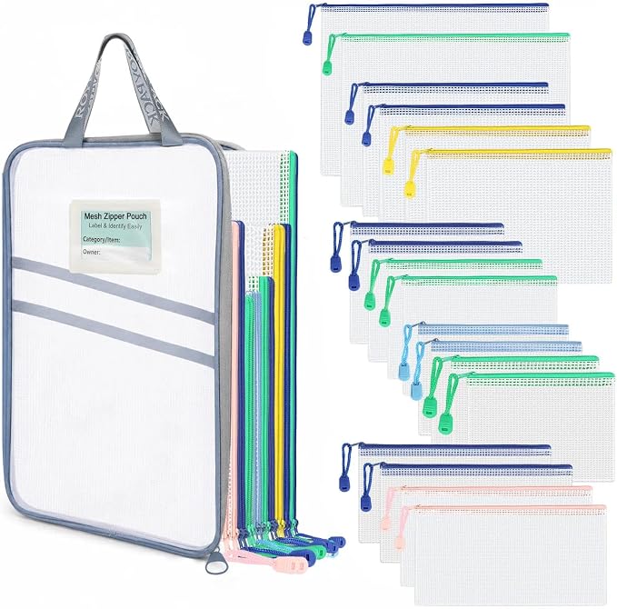 18-Pack Mesh Zipper Pouch Set with 1 Organizer Bag, 5 Sizes (A4 A5 A6 Bill B6) Clear Waterproof File Bags for Categorized Storage, Professional Travel & Home Office (19pcs)