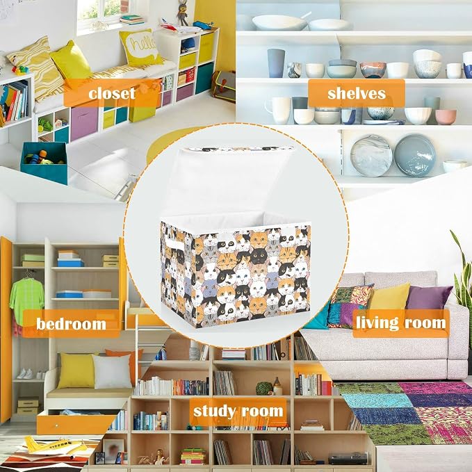 CaTaKu Large Fabric Storage Bins With Lids, Animal Cats Head Storage Boxes With Handles for Organizing Clothes, Collapsible Storage Cube Bins Baskets for Shelves