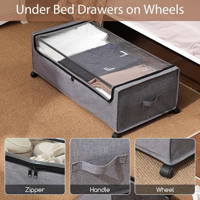 FOUCSSOMEI 4-Packs Under Bed Storage with Wheels, Under The Bed Storage Drawers On Wheels, Rolling Underbed Drawers, Lockable, Heavy Duty