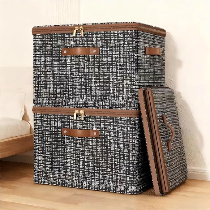 4 Pack 44.3 Quart Fabric Storage Bins with Lid, 17.7x13.8x10.2 in Stackable Closet Organizer Baskets, Foldable Polyester Cube Storage with Handles, Decorative Organizer Boxes for Shelves, Grey