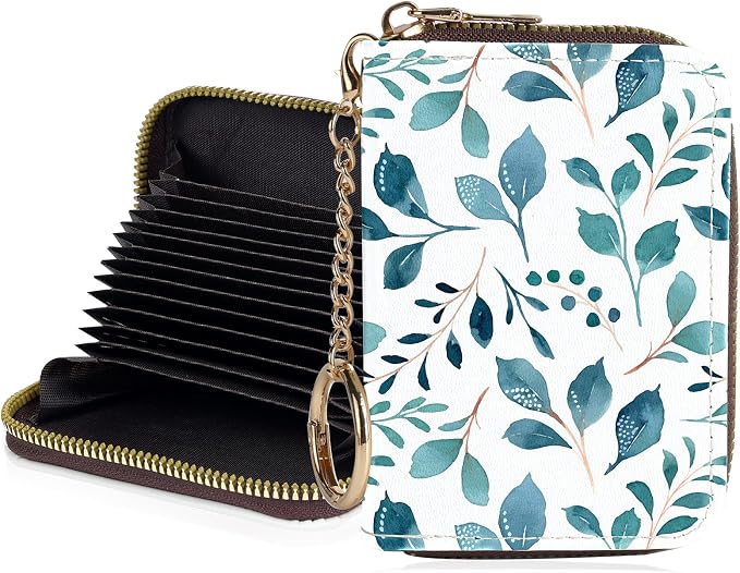 Credit Card Holder for Women,Small Rfid Wallet with Keychain Zipper,Cute PU Leather Card Case Wallet，Accordion Credit Card Wallets Gift,Green leaves