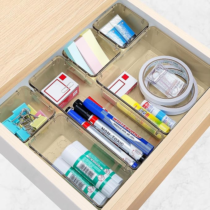 StorMiracle 25 PCS Drawer Organizer Set, 5 Varied Size Bathroom and kitchen Drawer cabinet organizer Trays, Clear Storage Bins for Makeup, Jewelry, Utensils and Gadgets, Champagne