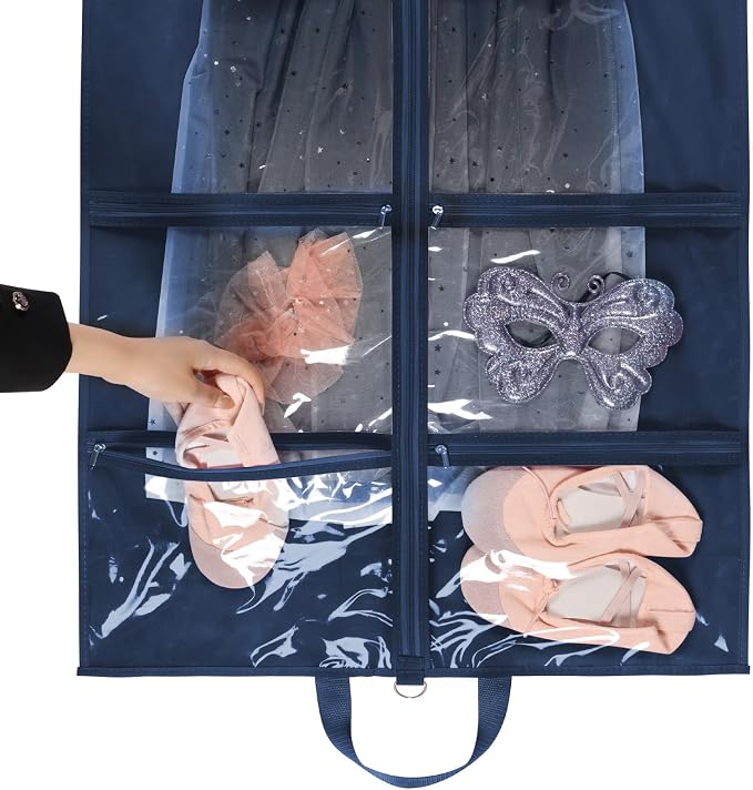 KEEGH 40 inch Clear Garment Bags for Dance Costumes, 2 Pack, Navy Blue | 4 Zipper Pockets, for Dance Competitions, Ballet, Theatre, Dance Garment Bags for Dancers, Hanging Clothes for Closet Storage