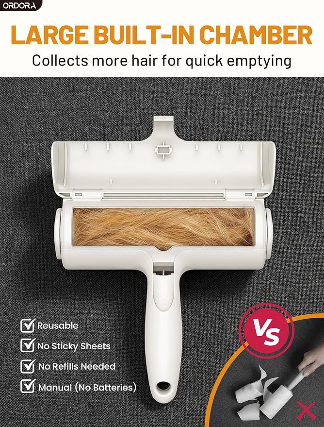 ORDORA Pet Hair Remover Roller, Reusable Lint Roller for Dog and Cat Hair | Portable Pet Hair Roller with Large Fur Bin for Couches, Bedding, Car, Rugs & Furniture, No Refills or Batteries, Pet Homes