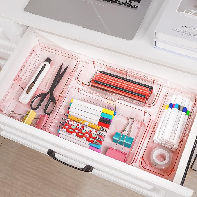 20 Pcs Clear Drawer Organizer, Adjustable Drawer Storage Box, 3-Size Desk Drawer Organizer, Acrylic Storage Bins for Makeup, Kitchen Utensils, Bedroom Dressers Tool Organizer for Gadgets, Pink