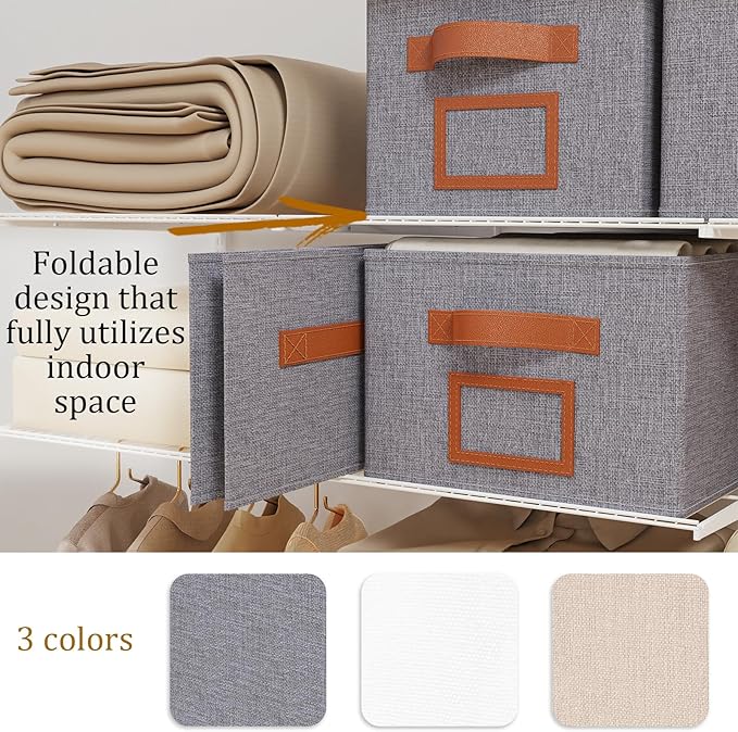 OUTBROS Foldable Storage Box for Shelves, 15 x 10.2 x 7.9 inch Fabric Baskets, Wardrobe Organiser with Handles, Suitable for Storing Clothes, Books, Cosmetics (Gray, 3-Pack)