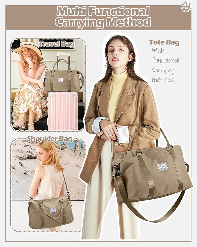 Travel Duffel Bags for Women Mens Waterproof Weekender Carry on Bag Sports Gym Bag Travel Tote Bags with Wet Pocket Overnight Bag Workout Duffel Bags with Trolley Sleeve Khaki