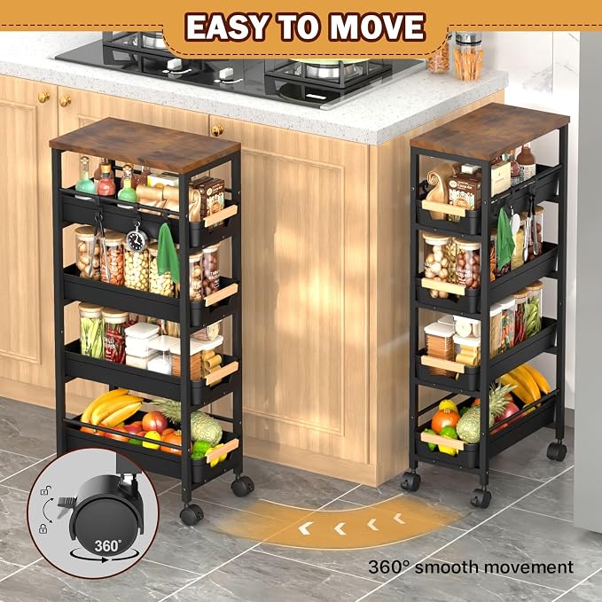SUNALLY Slim Storage Cart with Pull-Out Baskets, 5-Tier Rolling Kitchen Cart with Wooden Top & Lockable Wheels, Narrow Space Utility Cart Organizer for Kitchen, Bathroom, Laundry Room, Black